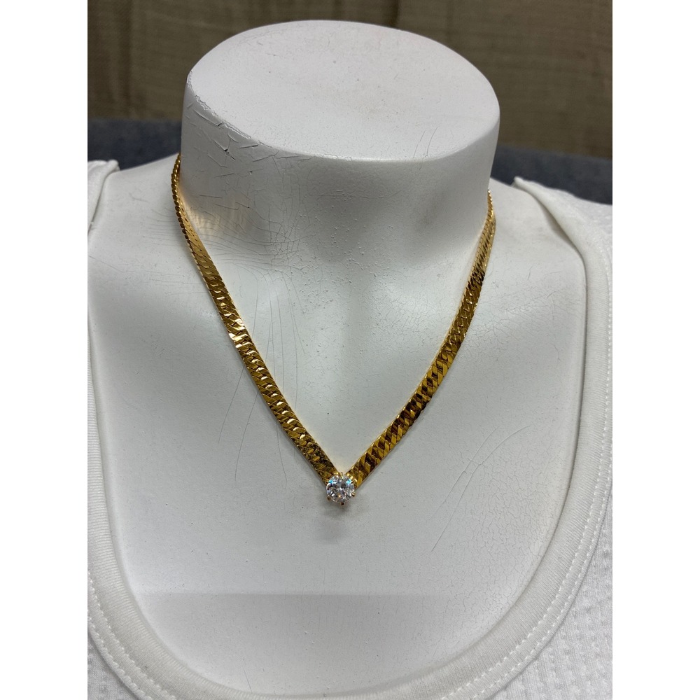 Gold Yellow Tone Herringbone V Chain Necklace Clear Solitaire Crystal CZ